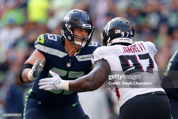 Austin Blythe of the Seattle Seahawks in action against the Atlanta Falcons during the third quarter at Lumen Field on September 25, 2022 in Seattle,...