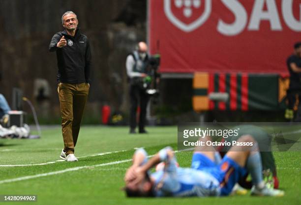 Luis Enrique, Head Coach of Spain reacts as Nuno Mendes of Portugal falls to the floor holding their face after challenging Dani Carvajal of Spain...