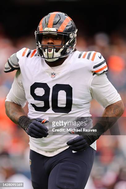 Angelo Blackson of the Chicago Bears looks on against the Houston Texans at Soldier Field on September 25, 2022 in Chicago, Illinois.