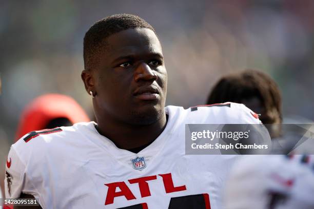 Germain Ifedi of the Atlanta Falcons looks on during the third quarter against the Seattle Seahawks at Lumen Field on September 25, 2022 in Seattle,...