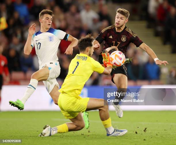 Jan Thielmann of Germany is challenged by James Trafford of England during the International Friendly match between England U21 and Germany U21 at...