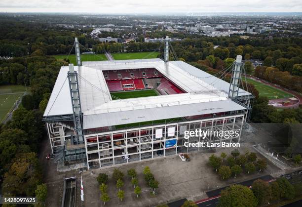 An aerial view of the RheinEnergieStadion on September 27, 2022 in Cologne, Germany. The stadium is the home of the Bundesliga club 1. FC Köln and...