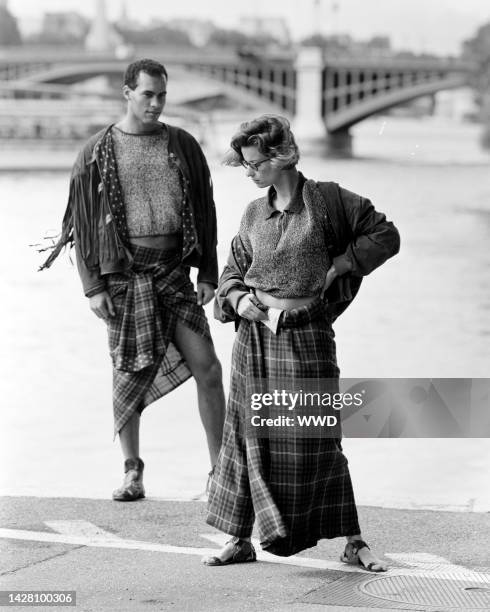 Models pose in Jean Paul Gaultier's pantskirt and sarong for fall.