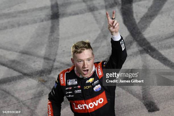 Tyler Reddick, driver of the Lenovo/ThinkEdge Chevrolet, celebrates after winning the NASCAR Cup Series Auto Trader EchoPark Automotive 500 at Texas...