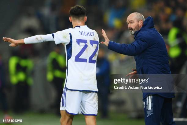 Steve Clarke, Manager of Scotland interacts with Aaron Hickey of Scotland during the UEFA Nations League League B Group 1 match between Ukraine and...