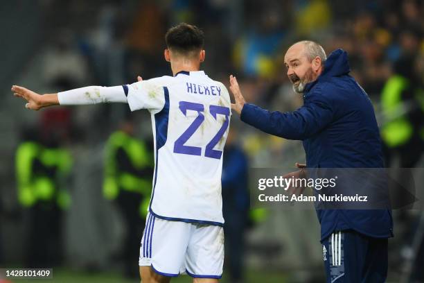 Steve Clarke, Manager of Scotland interacts with Aaron Hickey of Scotland during the UEFA Nations League League B Group 1 match between Ukraine and...