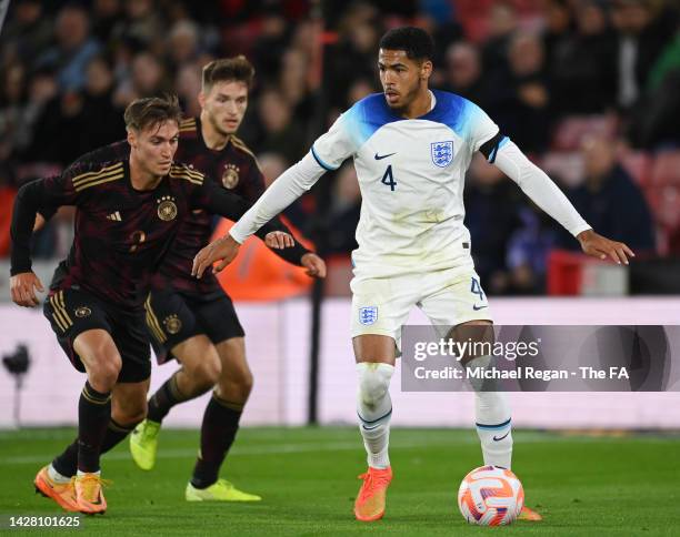 Levi Colwill of England controls the ball whilst under pressure from Kilian Fischer of Germany during the International Friendly match between...