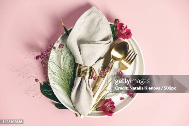 elegant table setting with floral decor,flat lay - luxury table setting stock pictures, royalty-free photos & images