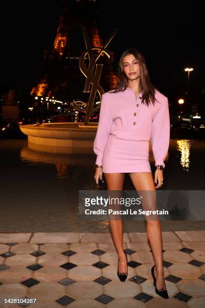 Hailey Bieber attends the Saint Laurent Womenswear Spring/Summer 2023 show as part of Paris Fashion Week on September 27, 2022 in Paris, France.