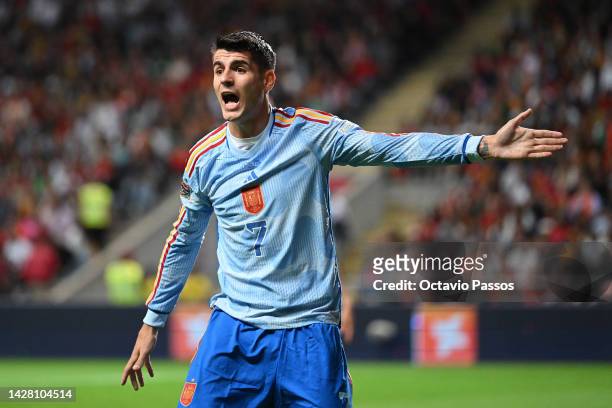 Alvaro Morata of Spain reacts during the UEFA Nations League League A Group 2 match between Portugal and Spain at Estadio Municipal de Braga on...