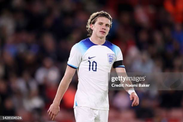 Conor Gallagher of England reacts during the International Friendly match between England U21 and Germany U21 at Bramall Lane on September 27, 2022...