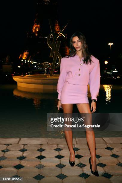 Hailey Bieber attends the Saint Laurent Womenswear Spring/Summer 2023 show as part of Paris Fashion Week on September 27, 2022 in Paris, France.