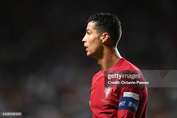 Cristiano Ronaldo of Portugal looks on during the UEFA Nations League League A Group 2 match between Portugal and Spain at Estadio Municipal de Braga...