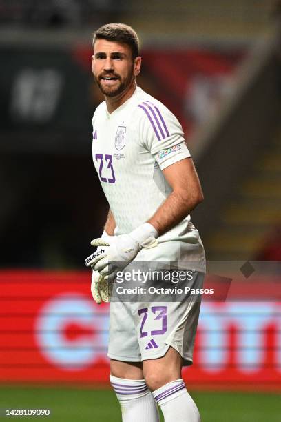 Unai Simon of Spain looks on during the UEFA Nations League League A Group 2 match between Portugal and Spain at Estadio Municipal de Braga on...