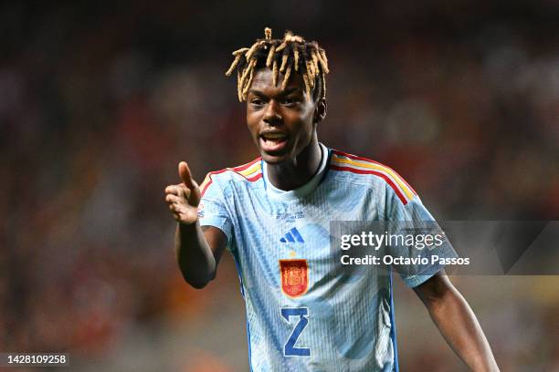 Nico Williams of Spain reacts during the UEFA Nations League League A Group 2 match between Portugal and Spain at Estadio Municipal de Braga on...