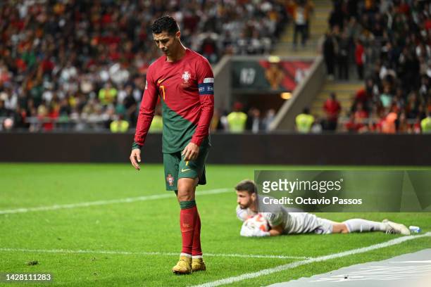 Cristiano Ronaldo of Portugal reacts after Unai Simon of Spain makes a save during the UEFA Nations League League A Group 2 match between Portugal...