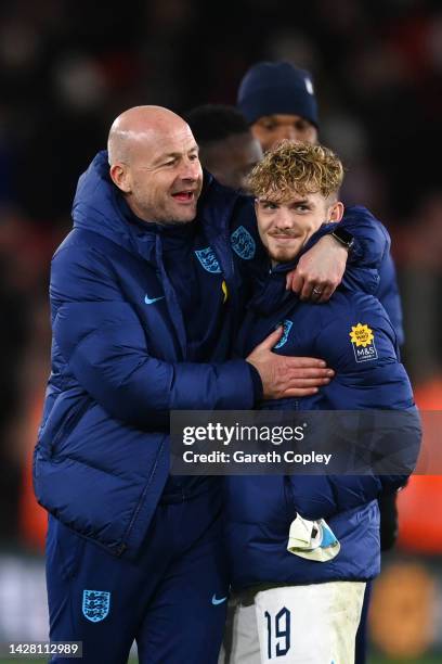 Lee Carsley, Manager of England celebrates with Harvey Elliott of England after the International Friendly match between England U21 and Germany U21...