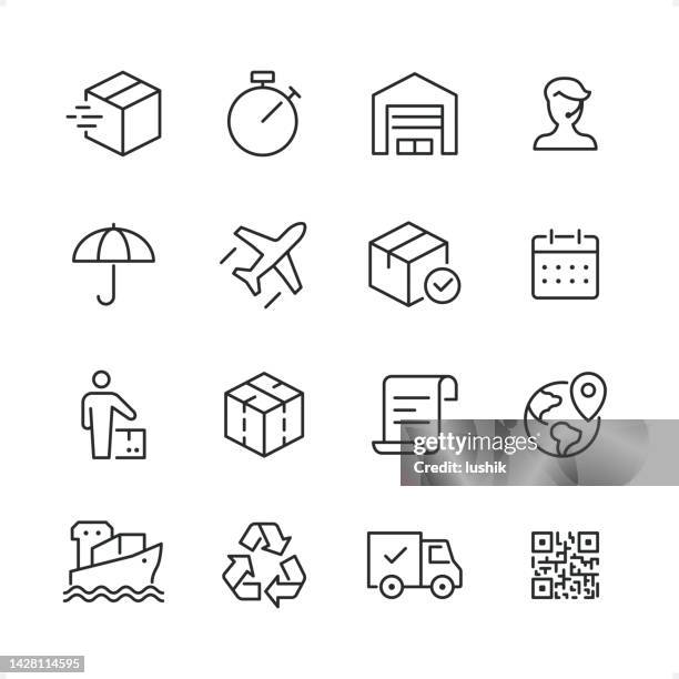 logistics - pixel perfect line icon set, editable stroke weight. - qr code packaging stock illustrations
