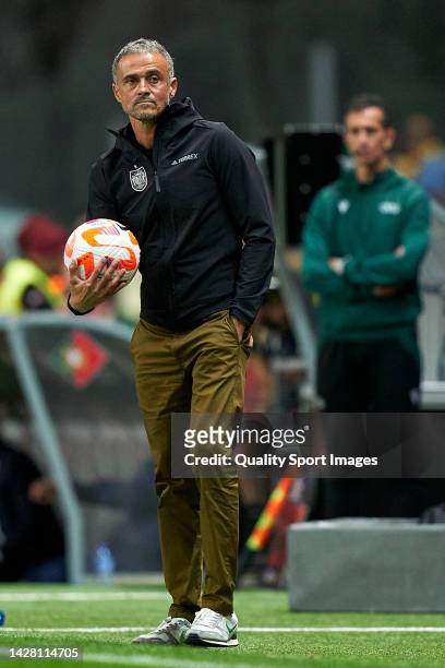 Luis Enrique Martinez, Head Coach of Spain reacts during the UEFA Nations League A Group 2 match between Portugal and Spain at Estadio Municipal de...