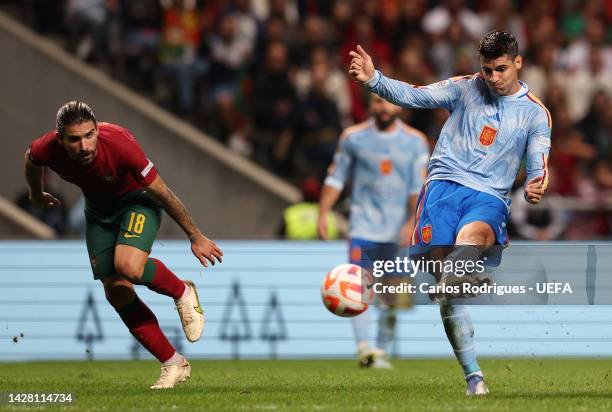 Alvaro Morata of Spain scores their side's first goal during the UEFA Nations League League A Group 2 match between Portugal and Spain at Estadio...