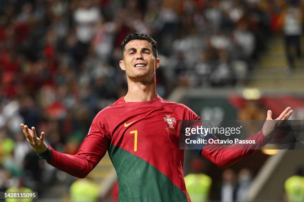 Cristiano Ronaldo of Portugal reacts after Unai Simon of Spain makes a save during the UEFA Nations League League A Group 2 match between Portugal...