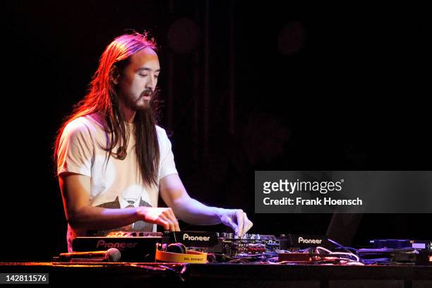 Steve Aoki performs live during a concert at the Postbahnhof on April 12, 2012 in Berlin, Germany.