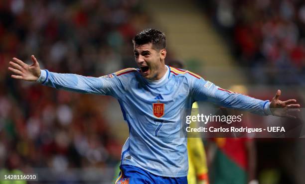 Alvaro Morata of Spain celebrates scoring their side's first goal during the UEFA Nations League League A Group 2 match between Portugal and Spain at...