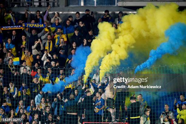 Ukraine fans set off pyrotechnics inside the stadium during the UEFA Nations League League B Group 1 match between Ukraine and Scotland at Stadion im...