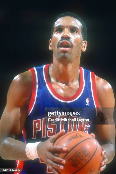 Adrian Dantley of the Detroit Pistons takes a foul shot during basketball game against the Washington Bullets at Capital Centre on April 12, 1987 in...