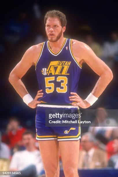 Mark Eaton of the Utah Jazz looks on during a NBA basketball game against the Washington Bullets at Capital Centre on March 11, 1988 in Landover,...