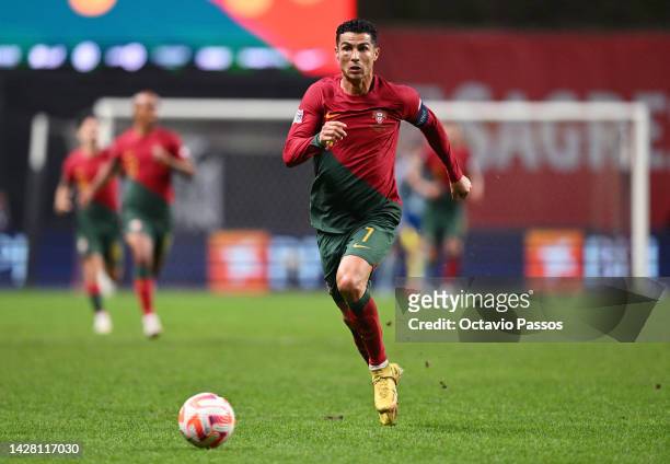 Cristiano Ronaldo of Portugal runs with the ball during the UEFA Nations League League A Group 2 match between Portugal and Spain at Estadio...