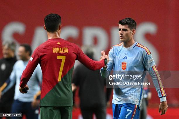 Cristiano Ronaldo of Portugal shakes hands with Alvaro Morata of Spain after the final whistle of the UEFA Nations League League A Group 2 match...