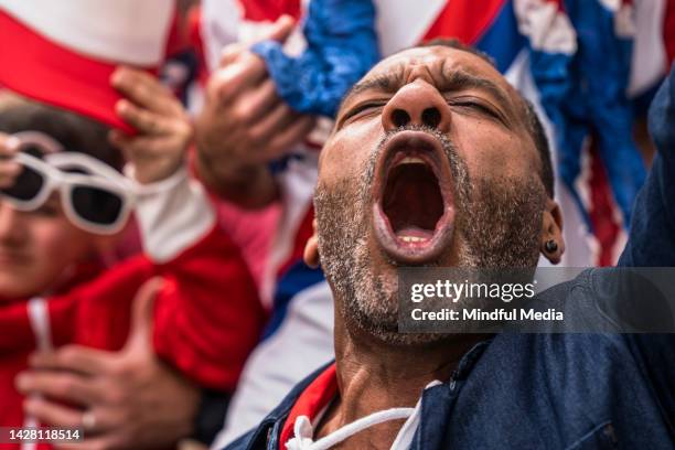 euphoric englishman shouting and celebrating after national team scores goal - football fans stock pictures, royalty-free photos & images