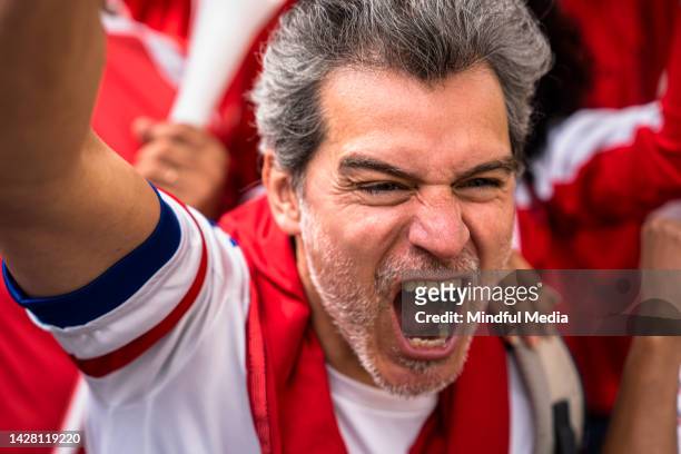 euphoric middle age man shouting and celebrating after national football team scores goal in crowded stadium - hooligan stock pictures, royalty-free photos & images