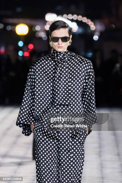 Model walks the runway during the Saint Laurent Womenswear Spring/Summer 2023 show as part of Paris Fashion Week on September 27, 2022 in Paris,...