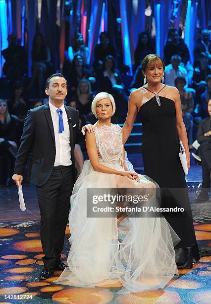 Nicola Savino, Antonella Elia and Vladimir Luxuria attend "L'Isola Dei Famosi" on April 12, 2012 in Milan, Italy.