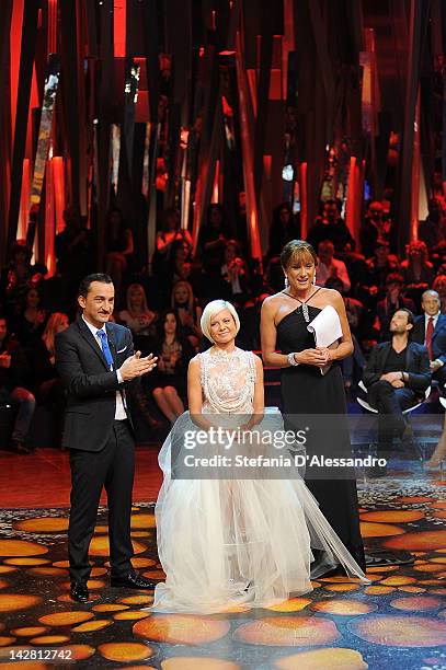 Nicola Savino, Antonella Elia and Vladimir Luxuria attend "L'Isola Dei Famosi" on April 12, 2012 in Milan, Italy.