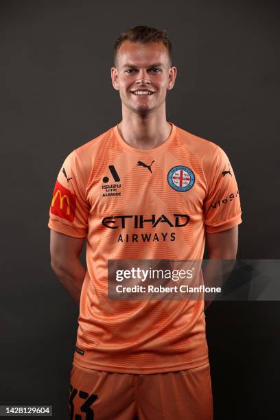 Melbourne City goalkeeper Matthew Sutton poses during the Melbourne City A-League Men's headshots session at AAMI Park on September 26, 2022 in...