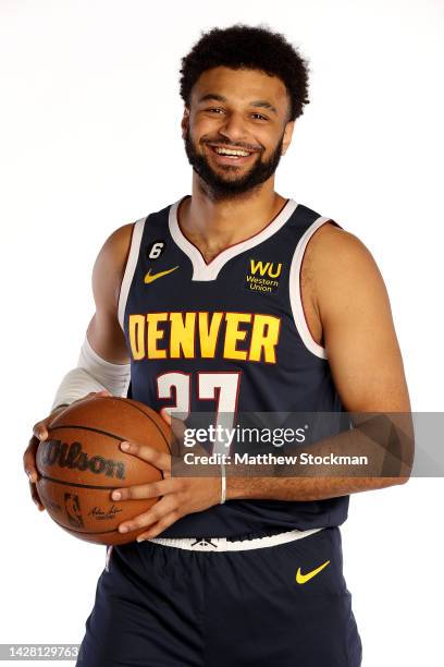 Jamal Murray of the Denver Nuggets poses for a portrait during Denver Nuggets Media Day at Ball Arena on September 26, 2022 in Denver, Colorado. NOTE...