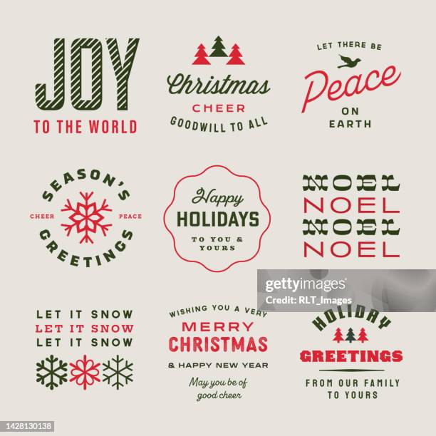 nostalgische weihnachtsabzeichen aus der mitte des jahrhunderts - typography stock-grafiken, -clipart, -cartoons und -symbole