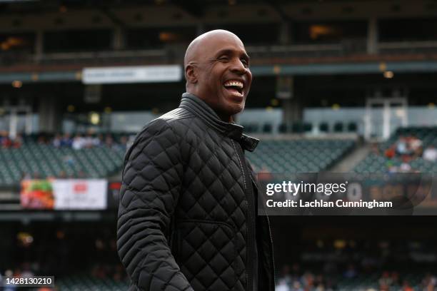 Former San Francisco Giants player Barry Bonds looks on during a Wall of Fame induction ceremony for Hunter Pence before the game between the San...