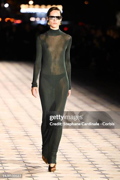 Freja Beha Erichsen walks the runway during the Saint Laurent Womenswear Spring/Summer 2023 show as part of Paris Fashion Week on September 27, 2022...