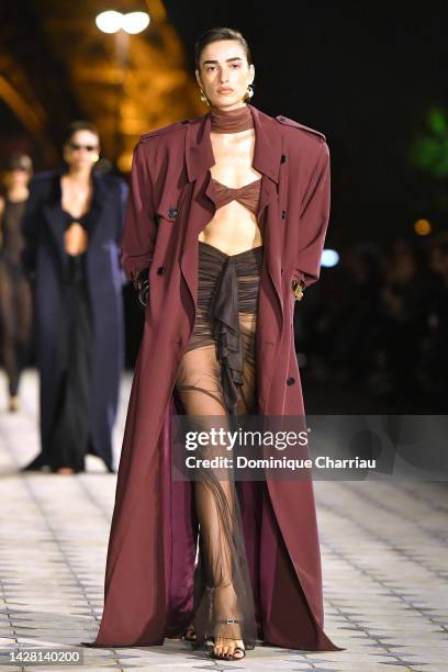 Model walks the runway during the Saint Laurent Womenswear Spring/Summer 2023 show as part of Paris Fashion Week on September 27, 2022 in Paris,...