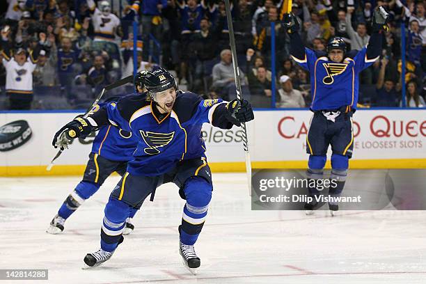 Patrik Berglund of the St. Louis Blues celebrates his goal against the San Jose Sharks during Game One of the Western Conference Quarterfinals during...