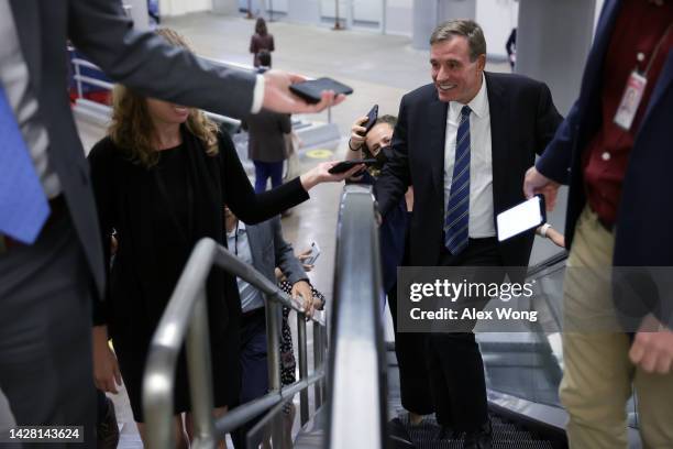 Sen. Mark Warner talks to members of the press as he arrives at the U.S. Capitol for a cloture vote on Capitol Hill September 27, 2022 in Washington,...