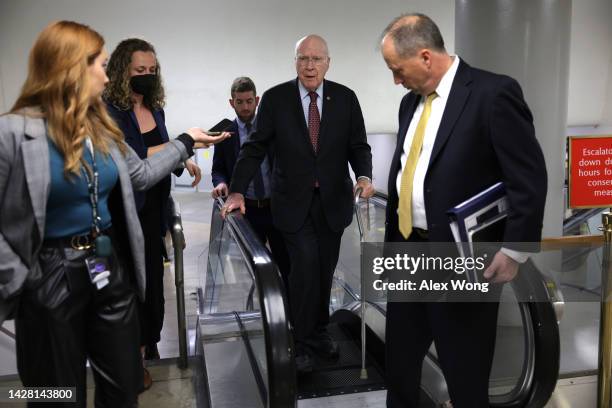 Sen. Patrick Leahy talks to members of the press as he arrives at the U.S. Capitol for a cloture vote September 27, 2022 in Washington, DC. The...