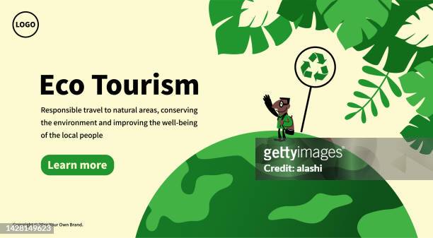 ilustrações, clipart, desenhos animados e ícones de conceito de eco-turismo, um turista ou caminhante com uma mochila no planeta terra - ecoturismo