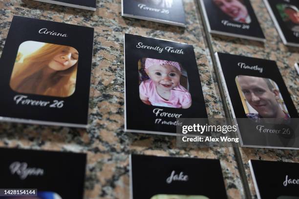 Photos of fentanyl victims are on display at The Faces of Fentanyl Memorial at the U.S. Drug Enforcement Administration headquarters on September 27,...