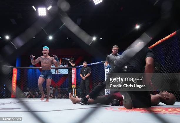 Mateus Mendonca of Brazil reacts after his knockout victory over Ashiek Ajim of Trinidad and Tobago in a bantamweight fight during Dana White's...