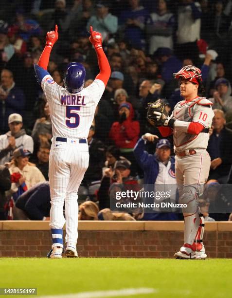 Christopher Morel of the Chicago Cubs celebrates a home run during the third inning of a game against the Philadelphia Phillies at Wrigley Field on...